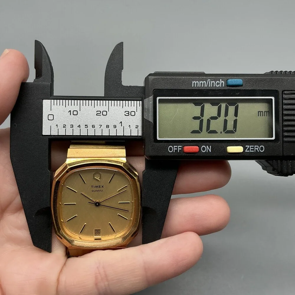 Vintage Timex Q Mens Watch 32mm Gold Dial Gold Tone Date 1980's New Battery